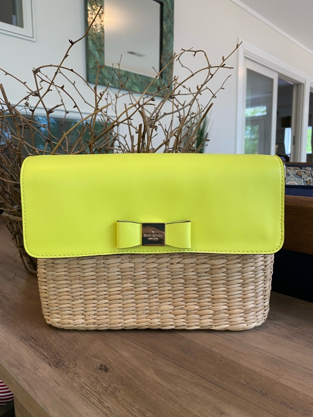 Kate Spade New York Clara Vita Limoni yellow leather & straw crossbody bag